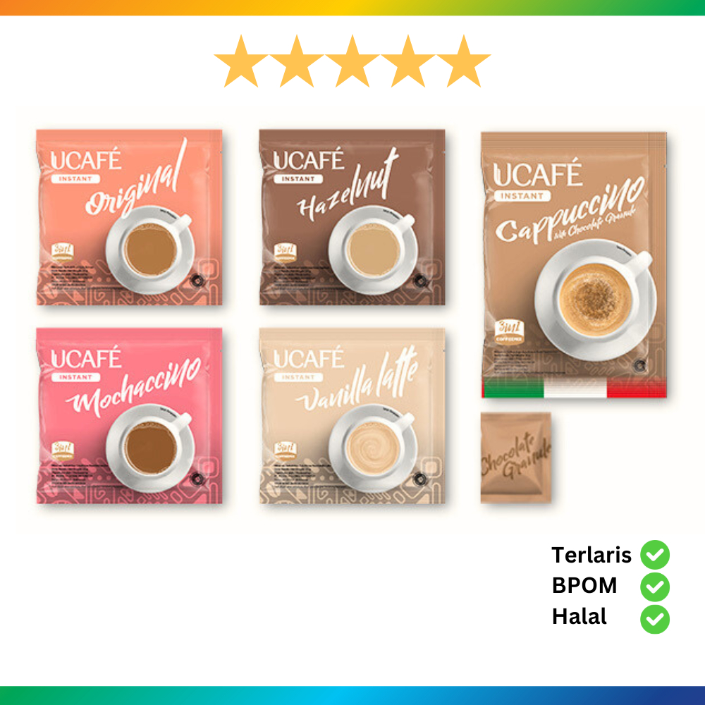 

Kopi Instant Mix 3in1 (Sachet 25g) UCAFE Original, Cappuccino, Mochaccino, Vanilla Latte, Hazelnut mirip Indocafe Cofeemix