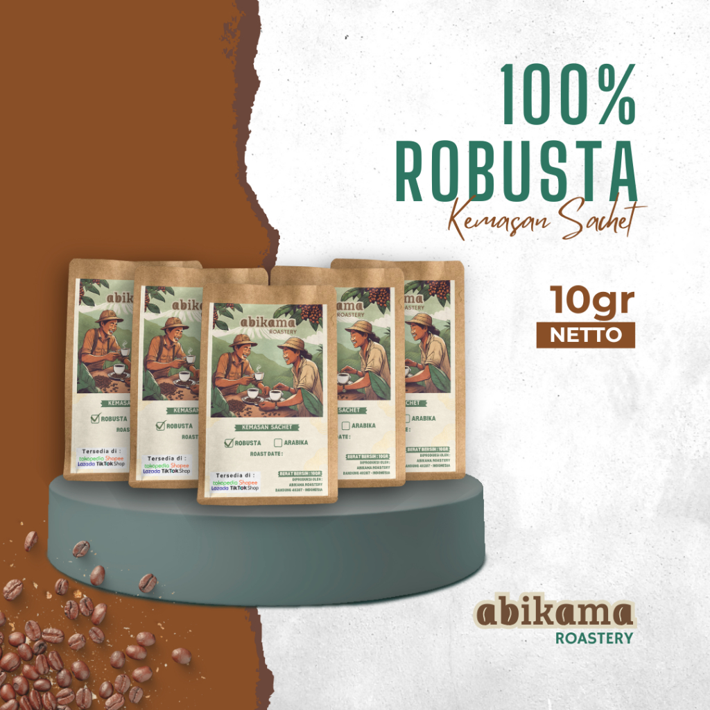 

KOPI ROBUSTA JAWA BARAT KEMASAN SACHET 10GR | 1 PACK ISI 5 PCS | ABIKAMA KOPI (BUBUK)