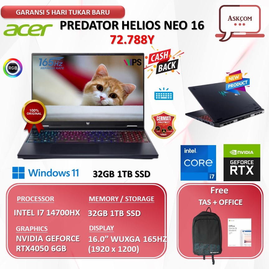 Acer Predator Helios Neo 16 I7 14700HX RTX4050 6GB | 32GB 1TB SSD W11 OHS21 16.0WUXGA 180HZ 72.74Z8