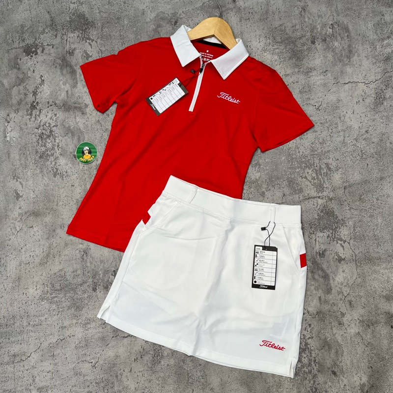 BAJU SET WANITA GOLF LENGAN PENDEK BAHAN ADEM WARNA MERAH/PUTIH
