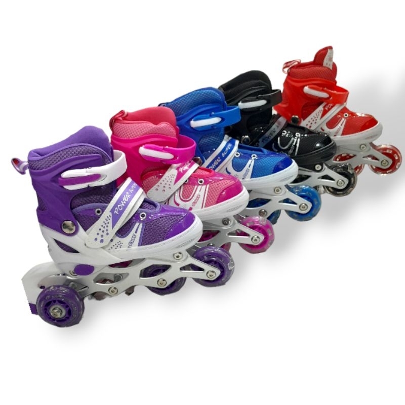 SEPATU RODA ANAK CEWEK COWOK MERK POWER SKATES ADA LAMPU RODA DEPAN RODA DAPAT DI STEEL