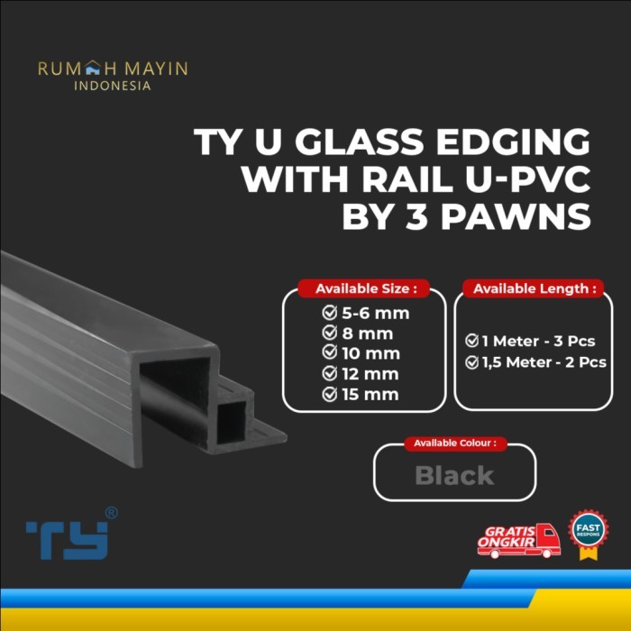 TY U Glass Edging with Rail U-PVC by 3 Pawns - Black