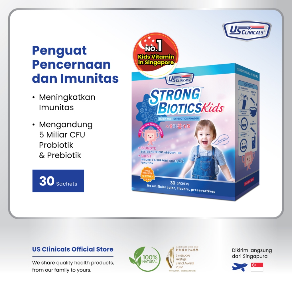 US Clinicals StrongBiotics Kids 30s – probiotik dan prebiotik anak, suplemen probiotik & prebiotik, 
