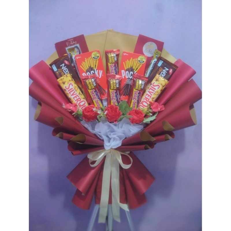 

Buket Snack Cokelat Pocky Beng Beng Nextar Chocolatos + Bunga