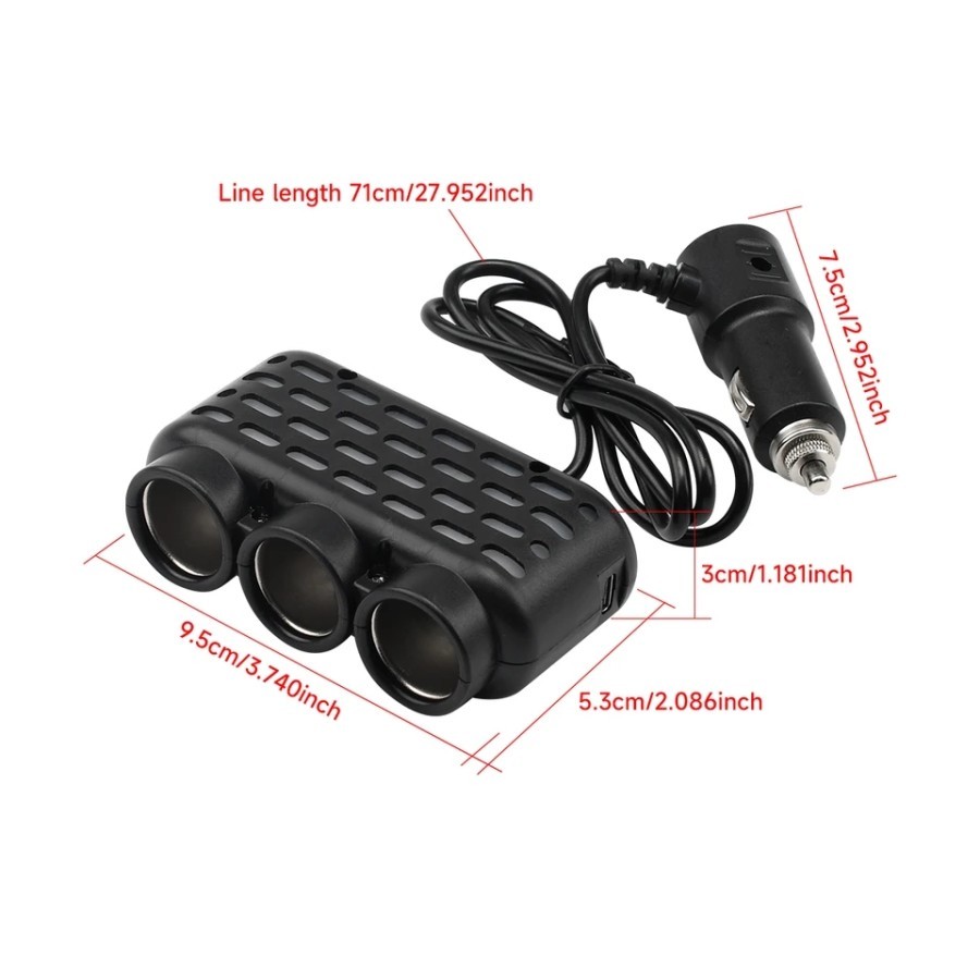 Socket Lighter Mobil 120W 3 Soket Dual USB Extension Adaptor LED D26