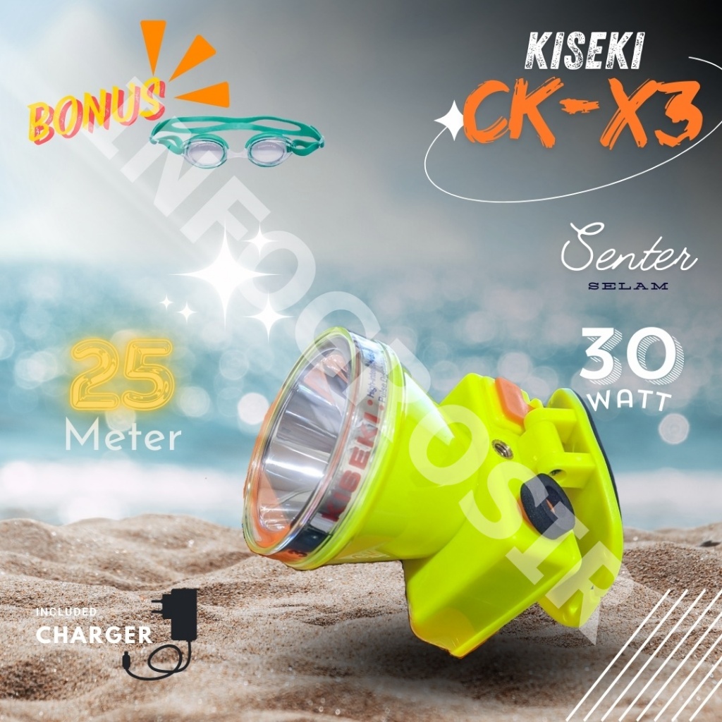 Senter Kepala Selam Kiseki 30 WATT CK-X3 Bonus Kacamata Renang Headlamp Diving Super Terang Ori CK X