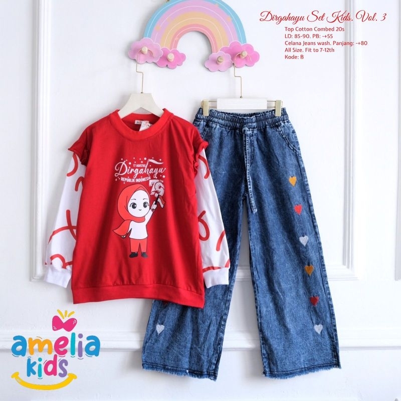 (COD) dirgahayu set kids ORI Amelia kids// set jeans kaos merah putih usia 7-12tahun combed