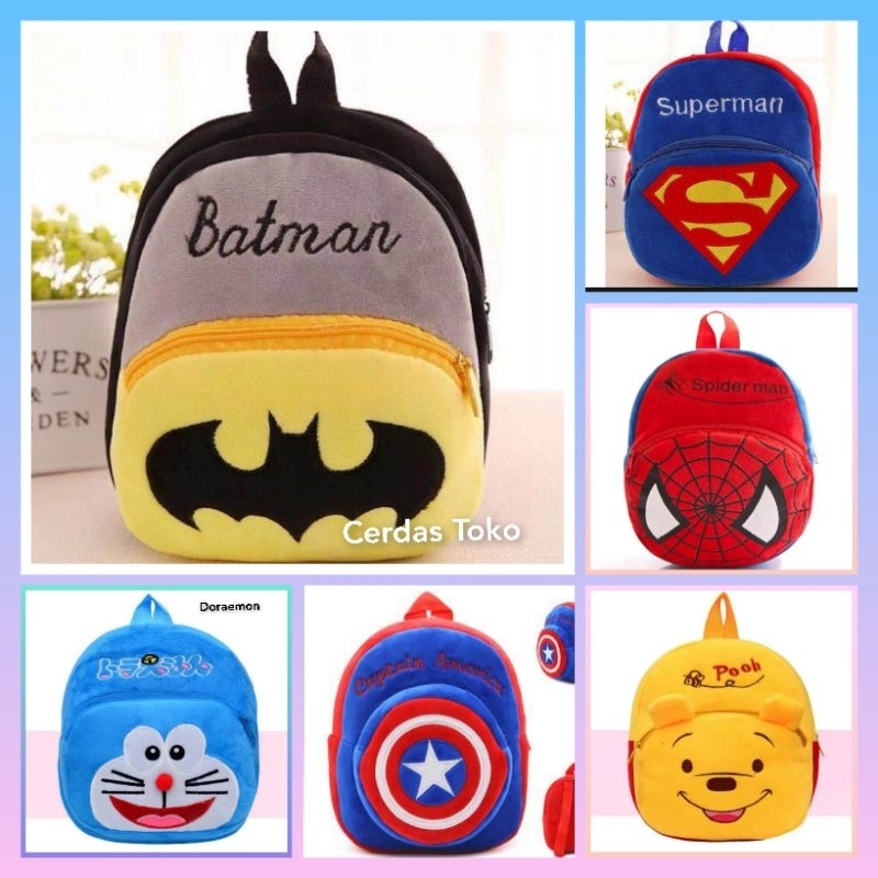 tas anak laki laki balita 1 2 3 tahun ransel backpack batman doraemon Spiderman Pikachu superman kap