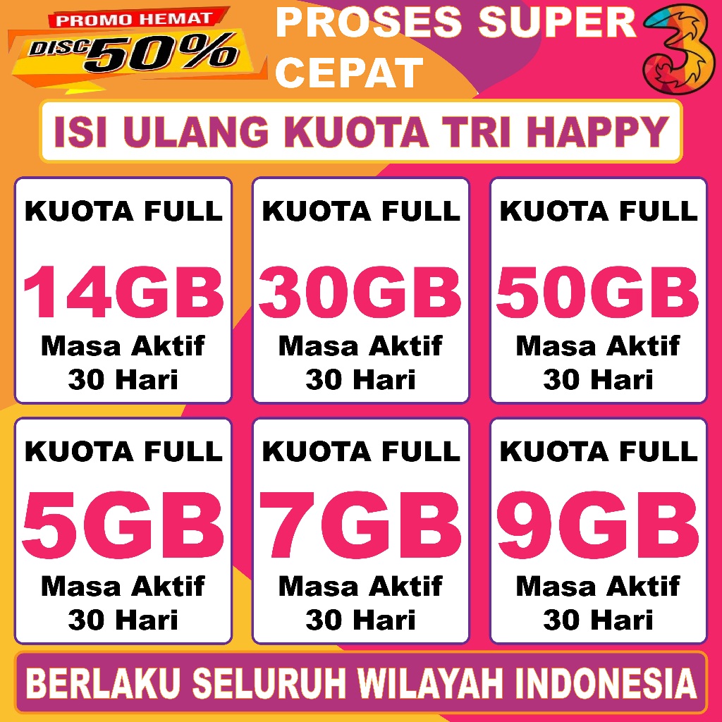 TERMURAH KUOTA TRI AON PAKET DATA TRI MINI 500MB 3GB 9GB 6GB 30GB TRI DATA HAPPY PURE