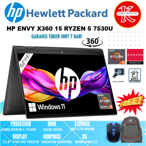 Laptop Touchscreen HP Envy 15 X360 AMD Ryzen 5 7530U Ram 16GB Ssd 1 TB Layar 15 inc FHD IPS Touch