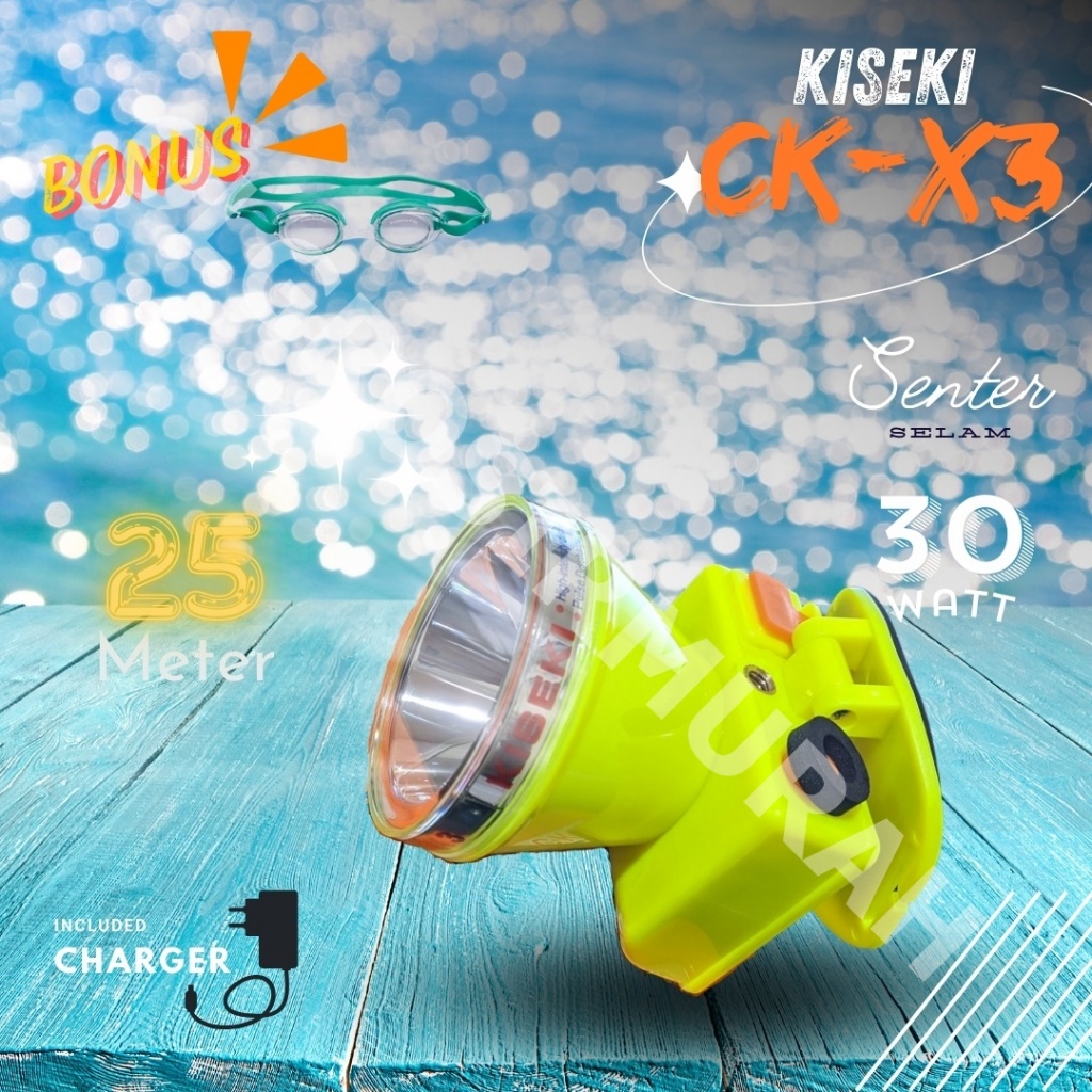 Senter Kepala Selam Kiseki 30 WATT CK-X3 Bonus Kacamata Renang Headlamp Diving Super Terang Ori