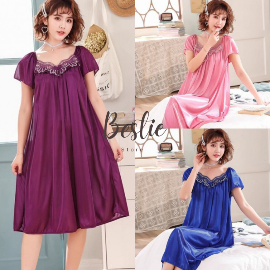 Bestie Baju Tidur Wanita Daster Satin Silk Renda Bordir Dada Cantik Premium Muat Sampai Jumbo Size B