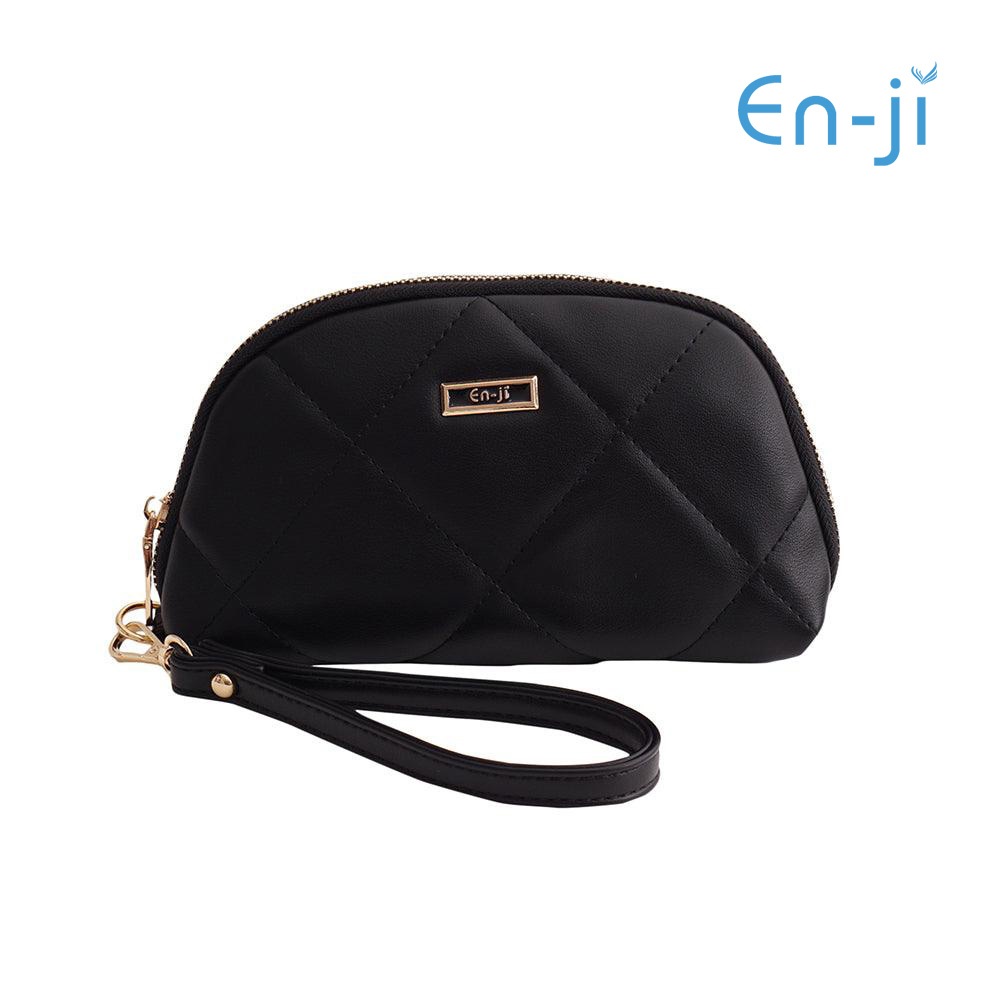 En-ji Nama Pouch Hitam - Tas Kecil Praktis dengan Desain Quilted dan Strap Tambahan
