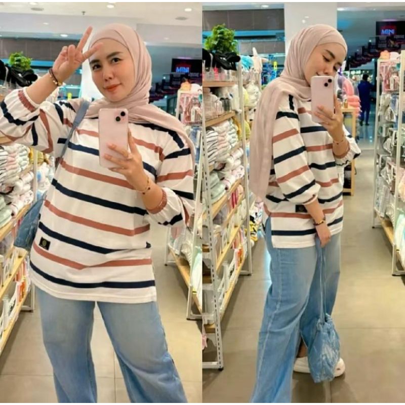 Kaos Wanita Setrip Oversize // Kaos Garis Garis Oversize // Kaos Wanita Legan Panjang Jumbo FST AUTE