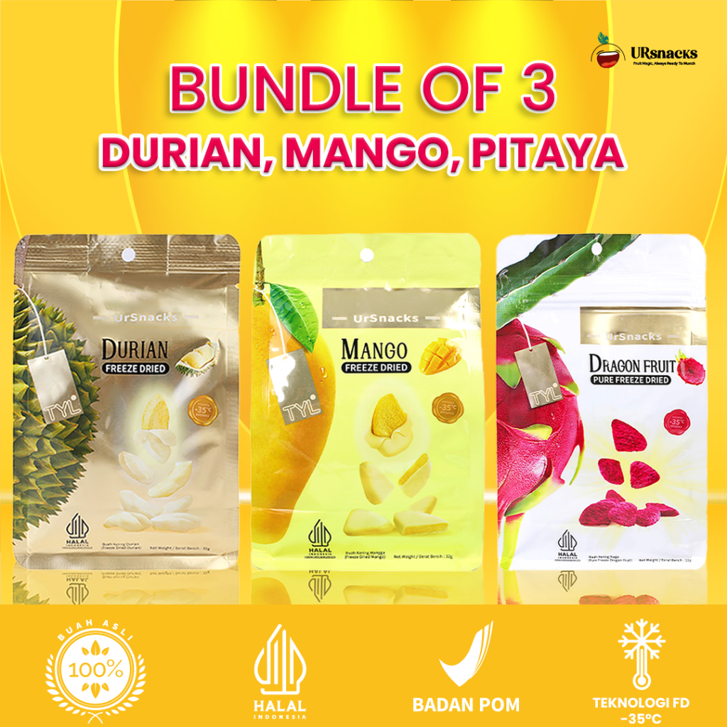 

URSNACKS Bundle Of 3 - Freeze Dried Keripik Sehat Durian + Mango + Dragon Fruit