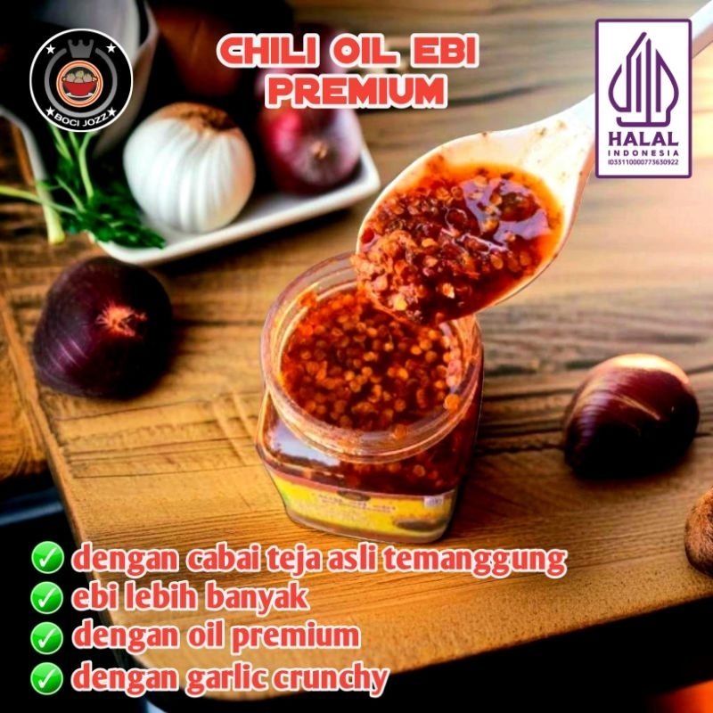 

Chili Oil Ebi Premium Cabai Teja Asli Temanggung With Garlic Crunchy 180 gram
