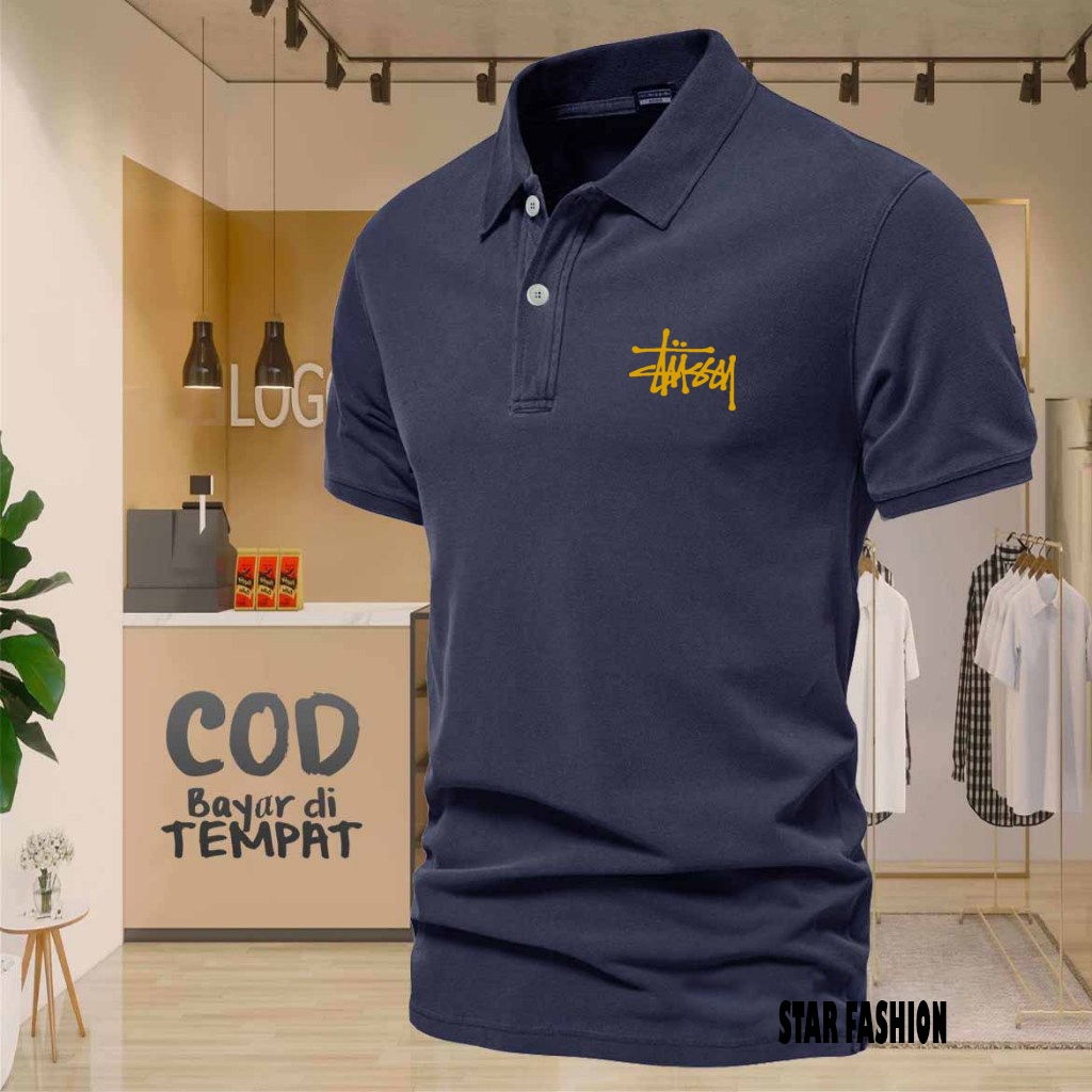 COD T-shrit POLO Kerah Stussy Text Gold Kaos Kerah Dewasa Shirt / Kaos Wangki Pria Polo / Kaos Serag