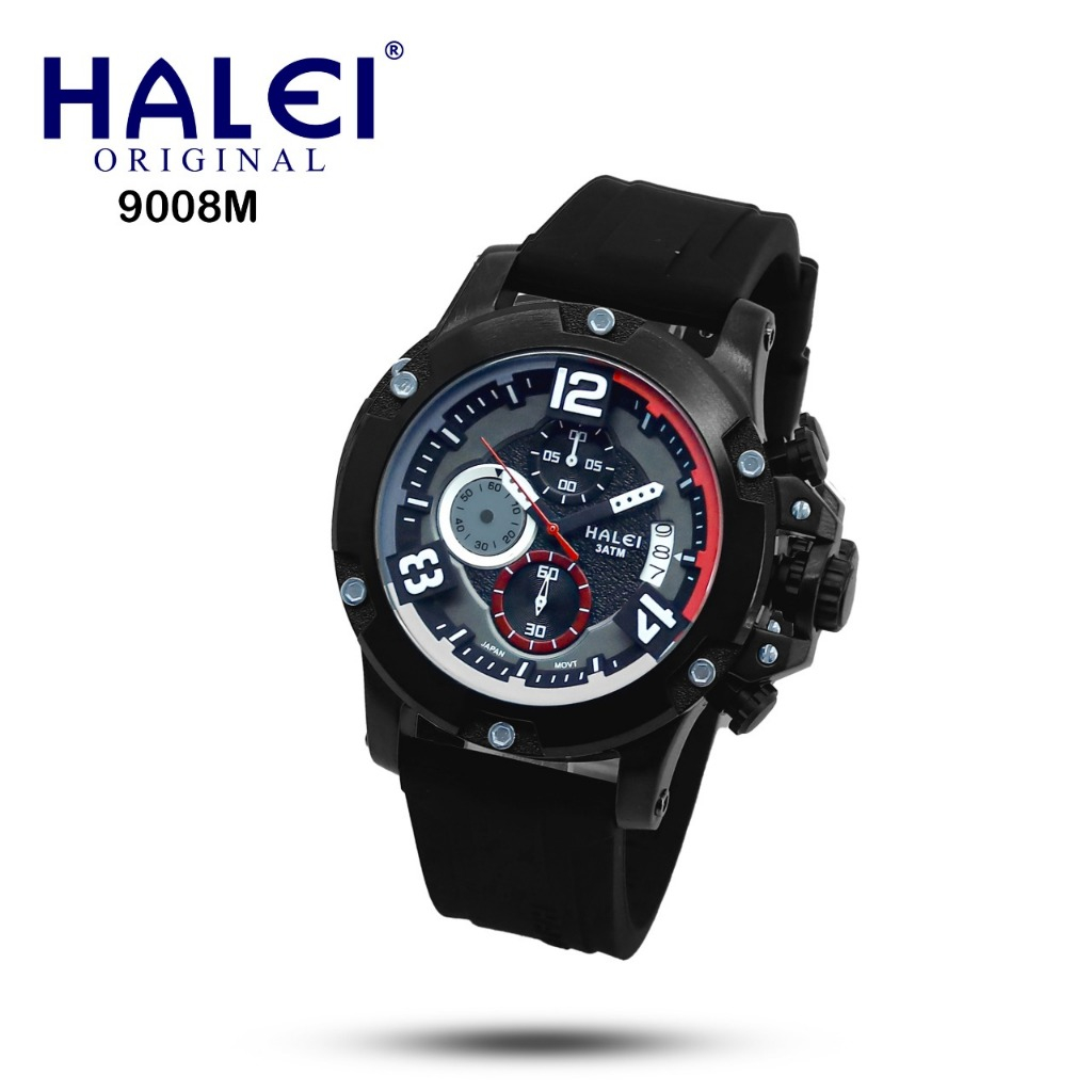 Halei 9008 M Jam Tangan Pria Halei Original Anti Air Karet Silikon Tanggal Analog Chrono Multifungsi