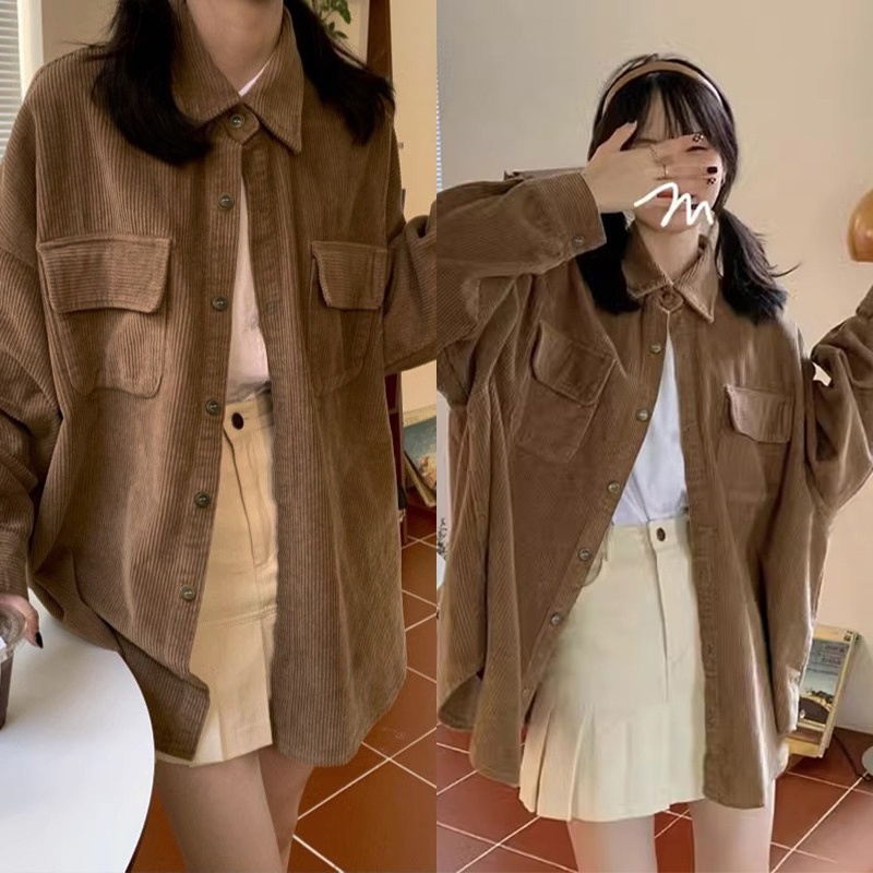 Baju Atasan Kemeja Coklat Premium Korduroi Wanita Terbaru Kekinian/ Basic Corduroy Outer kemeja leng