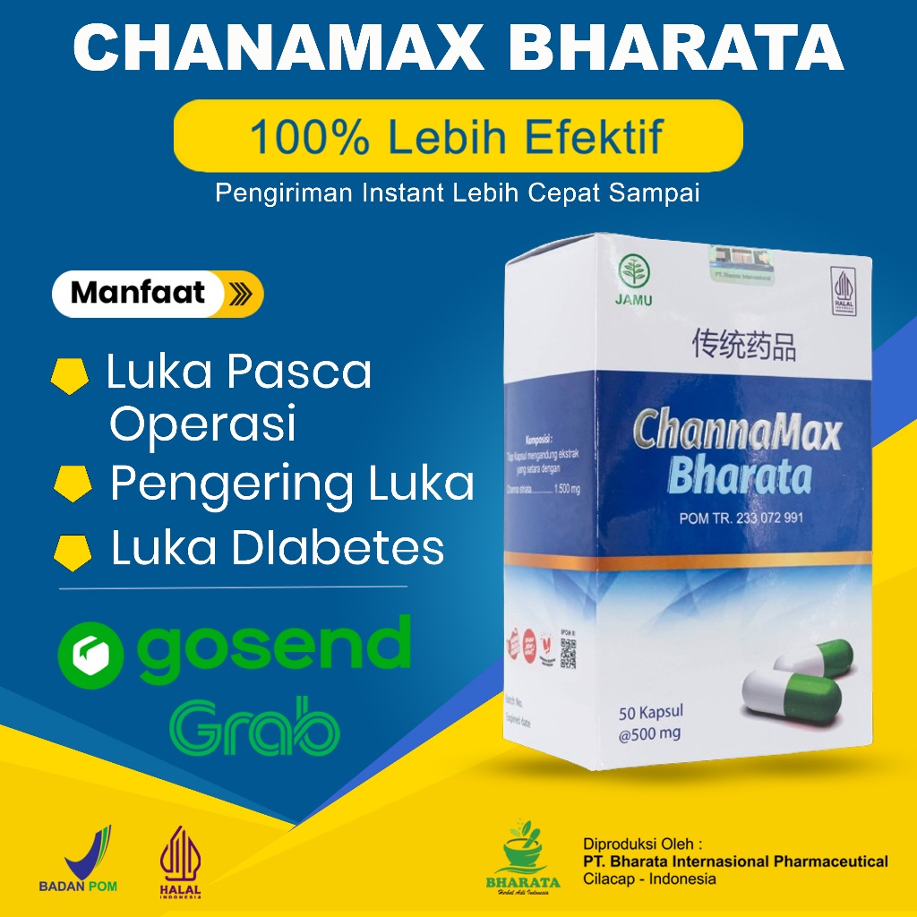 Obat Luka Pasca - Obat Luka Bakar | Channamax Bharata Kemasan 500mg Isi 50 Kapsul BPOM - 100% Bergar