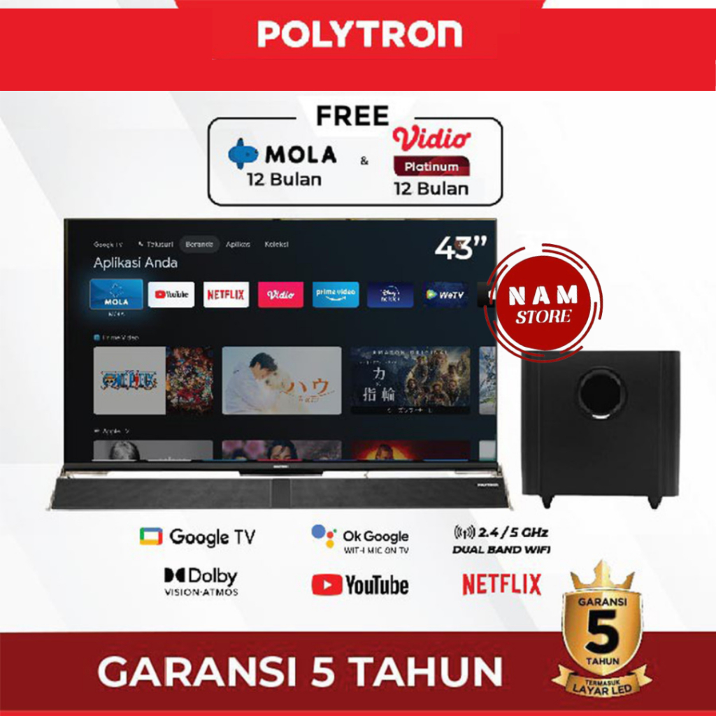 TV POLYTRON Smart Cinemax Soundbar Google TV 4K UHD 43 inch PLD 43BUG5959, 50 inch PLD 50BUG5959 | N
