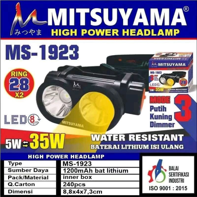 MS-1923 / Senter Kepala Led MS-1923 3 Mode Putih Kuning Dimmer Headlamp Mitsuyama / Senter Camping M