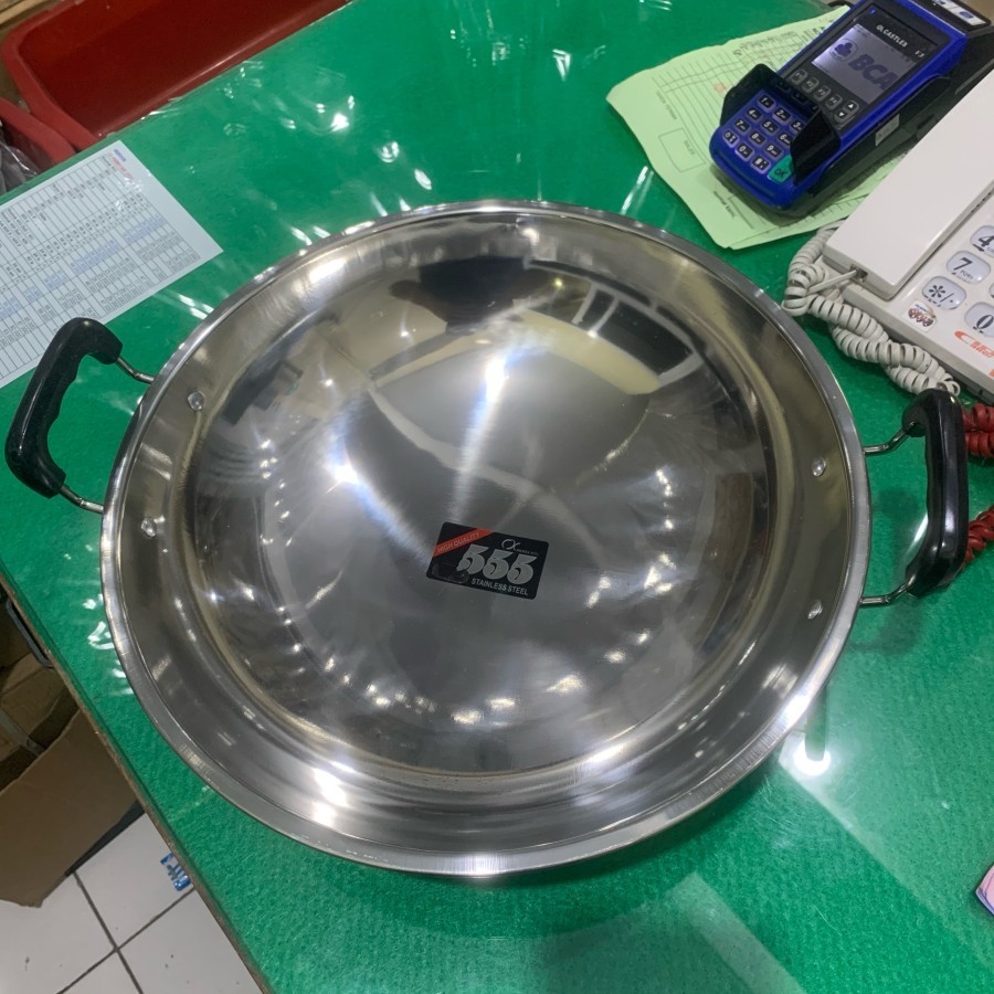 34CM Wajan stainless steel Premium Wajan Penggorengan Kuali Wok Pan Pan Gagang Stainless Steel Wajan