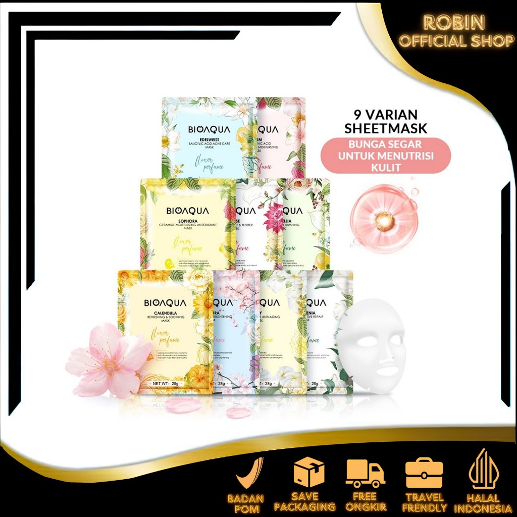 RN - [BPOM] PAKET 5PCS BIOAQUA Sheet Mask Masker Wajah Flowers Series (28g/pcs) Hydrating Essence Fa