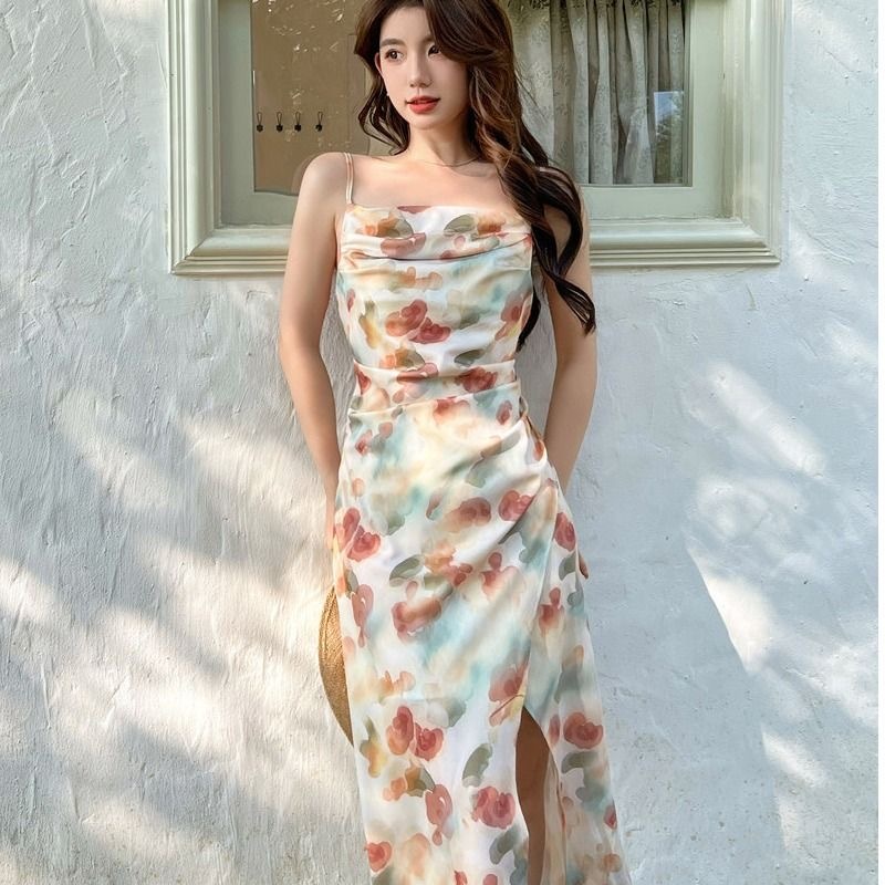 floral dress korean style wanita Serut Off Shoulder midi dress putih tanpa lengan Gaun pantai casual