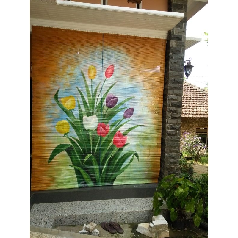 kreey tirai rotan blut/pelepah aren/bambu sumatera motif bunga ukuran 2x2