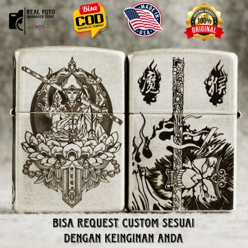 HADIAH SOUVERNIR KOREK API ZIPPO ORIGINAL USA ANTIQUE SILVER CUSTOM GRAFIR SUN GO KONG 4 SISI DESIGN