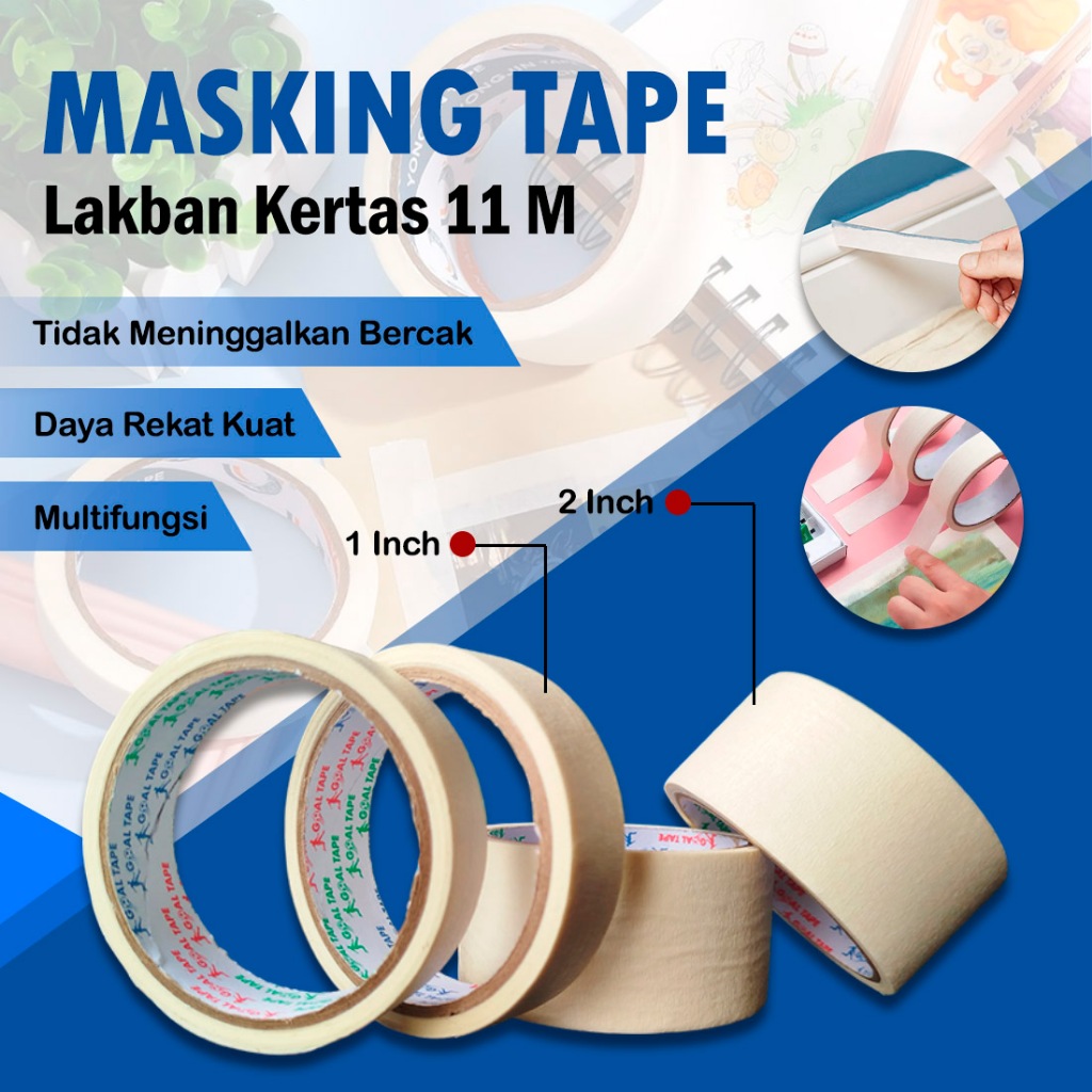 Masking Tape 11 M Lakban Kertas – Selotip Kertas 1 Inch 2 Inch Masking Tape Multifungsi Lakban Cat L