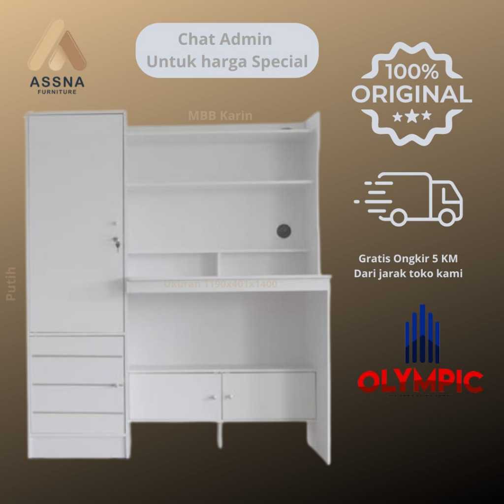 Meja Belajar Tulis Kantor Kerja Lemari Buku Serbaguna Minimalis Olympic Mbb Karin Putih