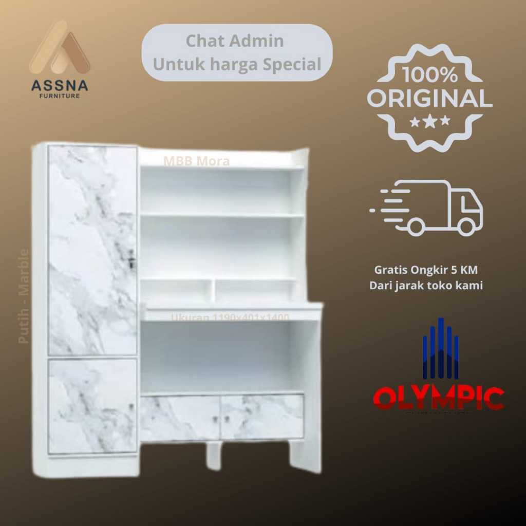 Meja Belajar Tulis Kantor Kerja Lemari Buku Serbaguna Minimalis Olympic Mbb Mora Putih Marble