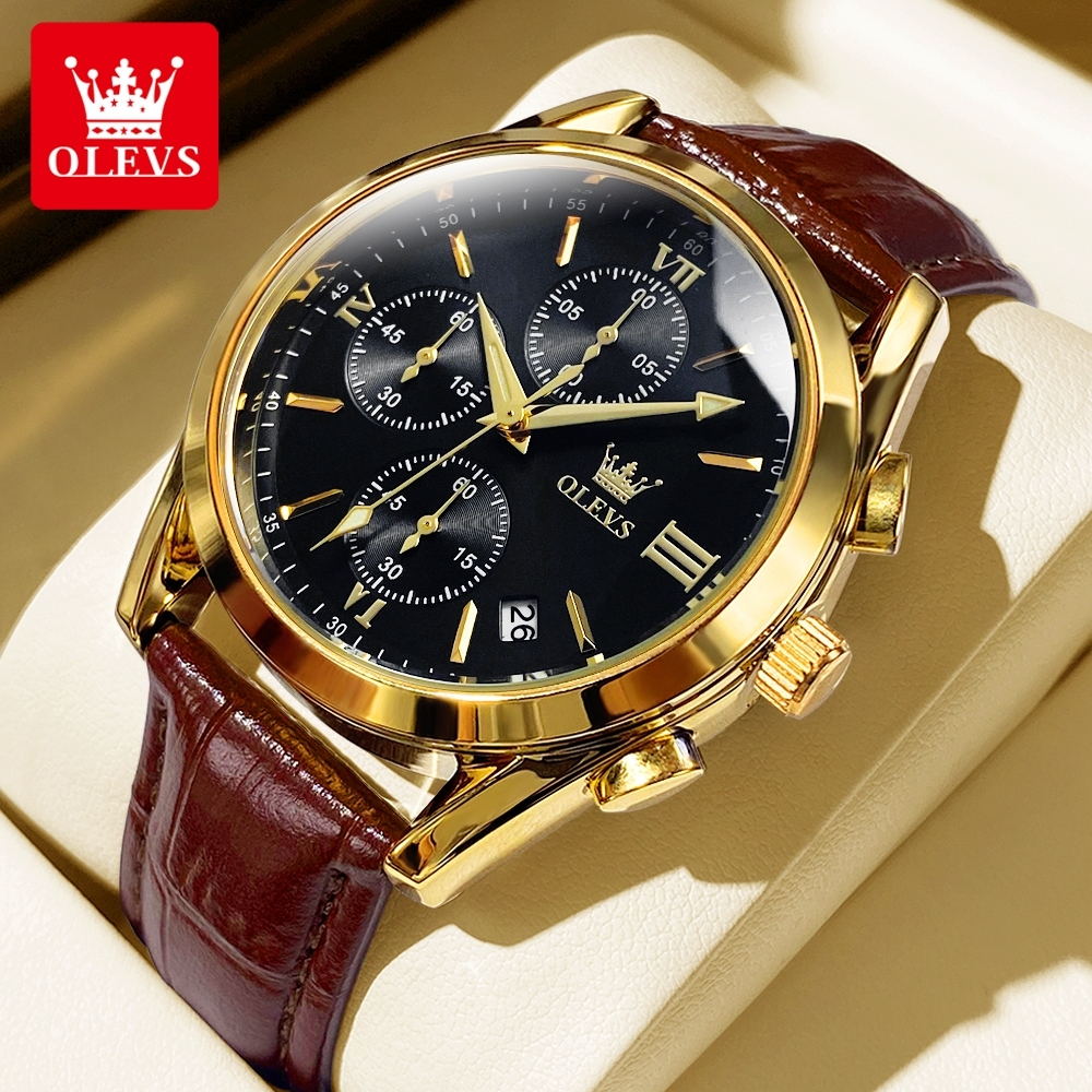OLEVS Jam Tangan Pria Anti Air Original 2872 Asli Kulit Luxury Chronograph Watch Men Multifungsi
