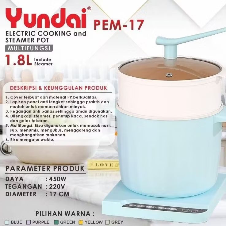 Panci Listrik Portable Anak Kos Serbaguna Multicooker Yundai PEM-17