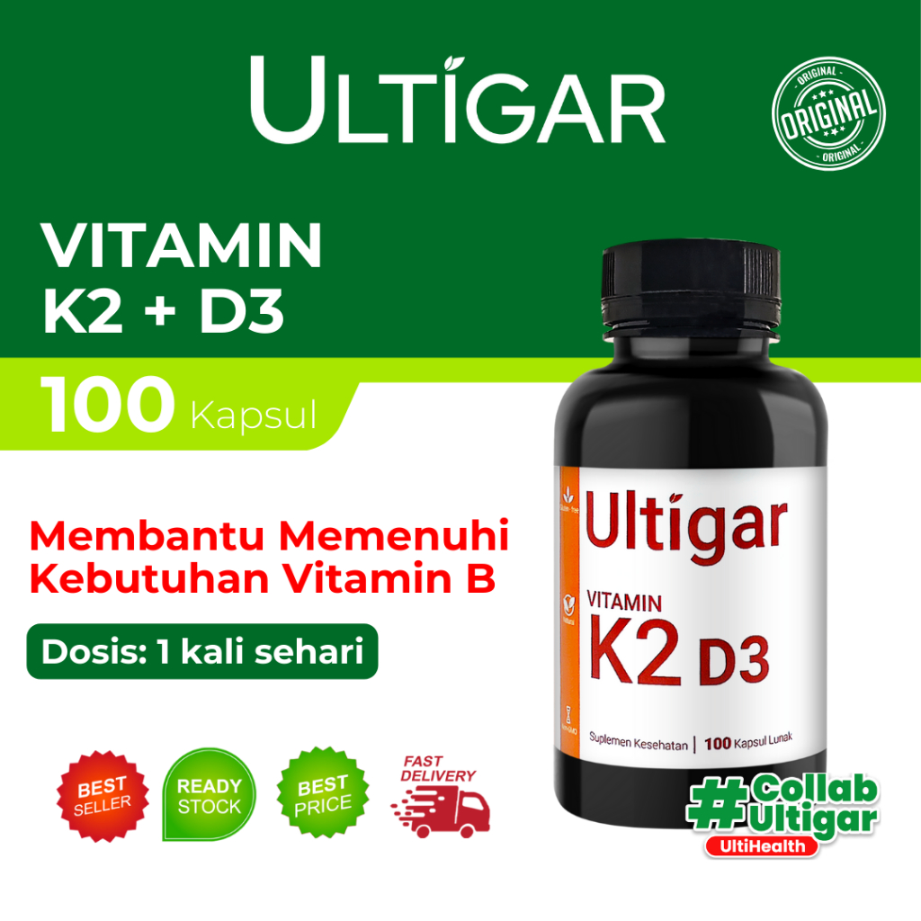Ultigar Vitamin K2 + D3 -  K2 120 mcg D3 400 IU - Botol isi 100 Kapsul Lunak - Suplemen Kesehatan