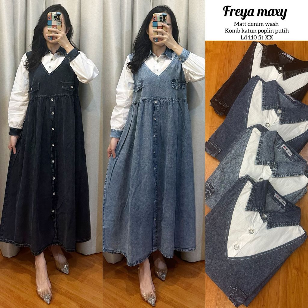 FREYA MAXY DRESS BAHAN JEANS DENIM  KOMBINASI KATUN POPLIN PREMIUM