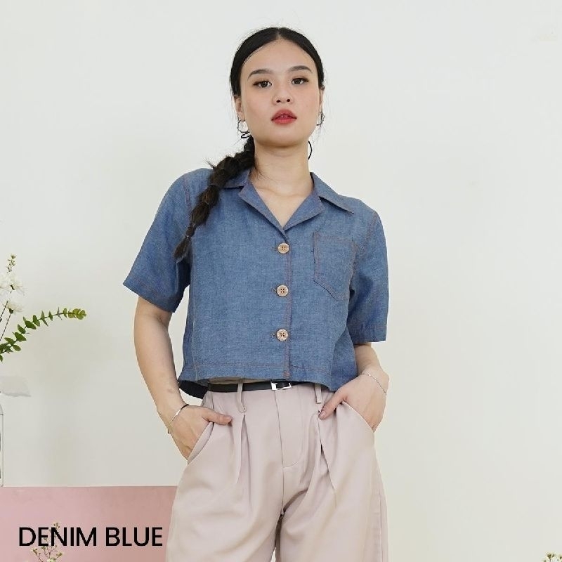 Kemeja Lengan Pendek wanita Crop Top Denim Sheyi