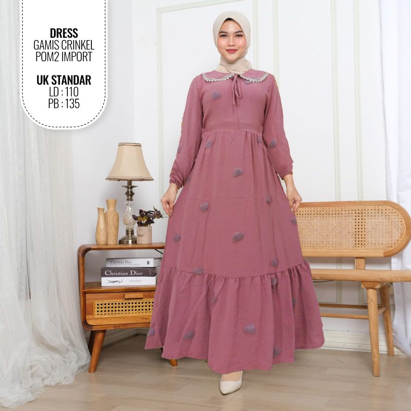 JIEESHOPP gamis Crinkle Pompom Import Kerah Pita