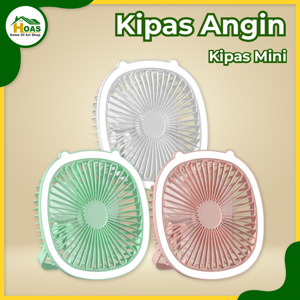 Hoas Official Shop Kipas Angin Mini Portable Meja Charger USB Dapat Digantung Dengan Lampu LED