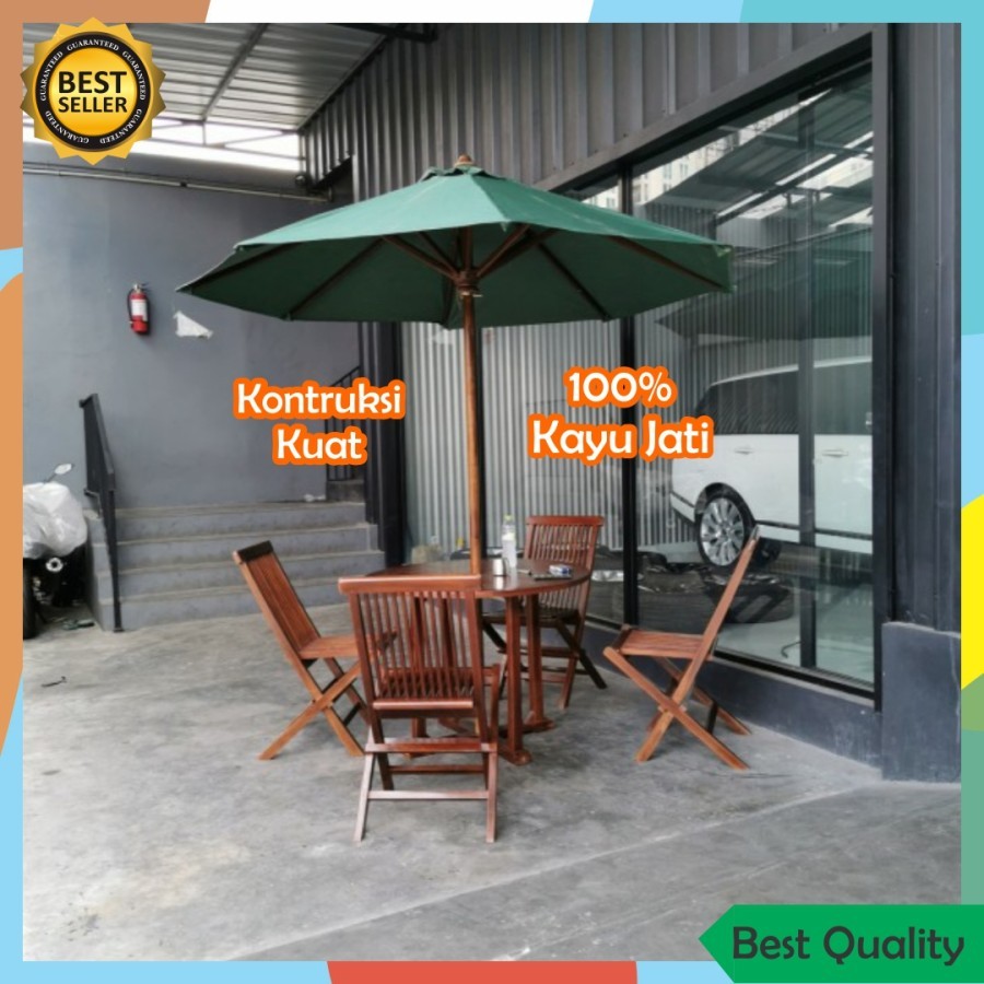 Set Meja Payung Taman cafe Outdoor Tenda Payung Cafe Kayu Jati 4 Kursi Lipat Jati Berkualitas