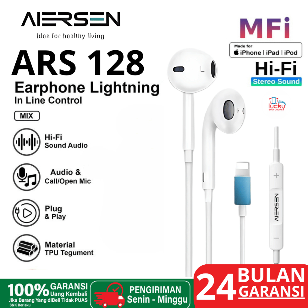 AIERSEN ARS- 128 Handsfree Lightning iPhone MFi Headset Earphone Original