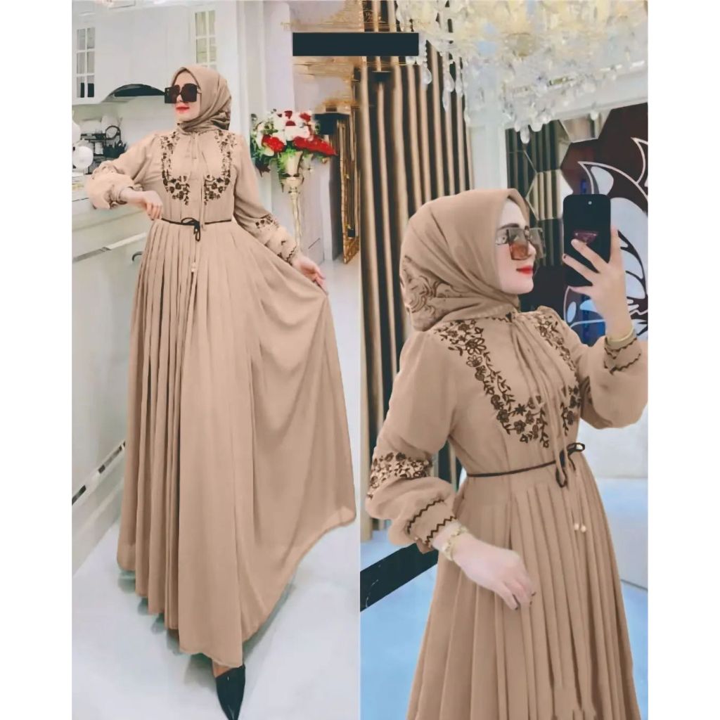 Adella Dress Baju Gamis Bahan Ceruty Jatuh Motif Wanita Dewasa Terbaru 2024 Model Baru Mewah