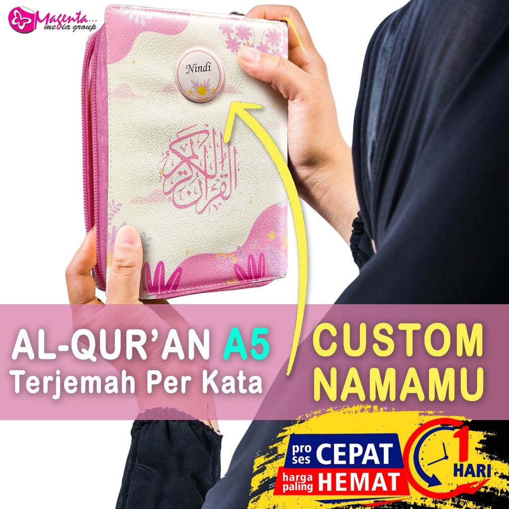 Alquran Custom Nama & Cover Terjemah Ukuran A5 Kaleb Resleting Bonus Pin