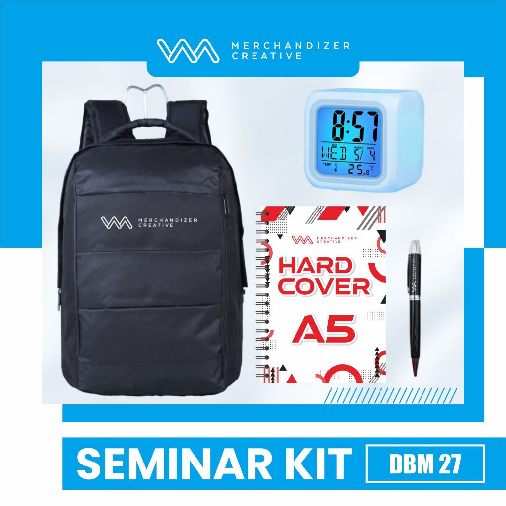 

Tas Punggung, Notebook Hardcover A5, Pulpen Sablon, dan Jam Digital - Paket Seminar Kit Custom