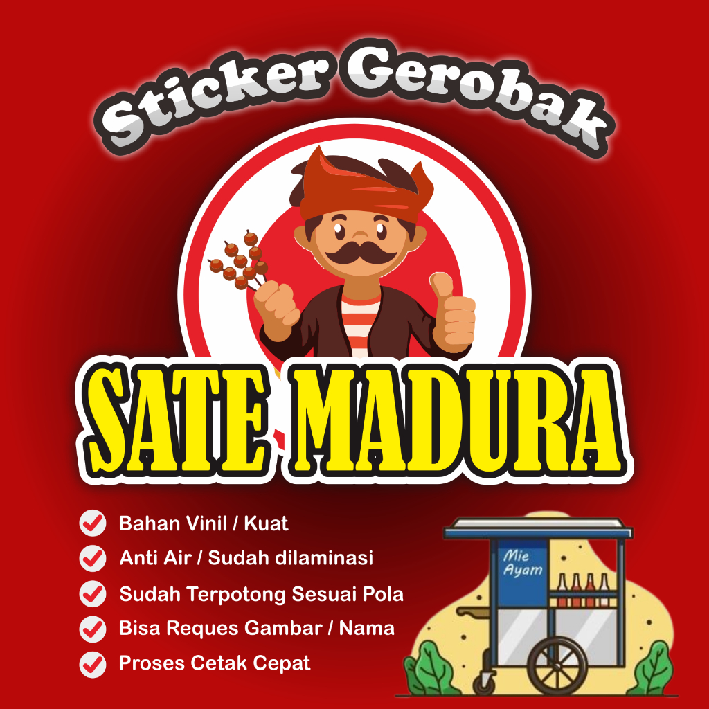 

Sticker Gerobak, Sticker Nama Usaha, Sticker Etalase, Sticker Kaca, Sticker Sate Madura, Sticker Custom