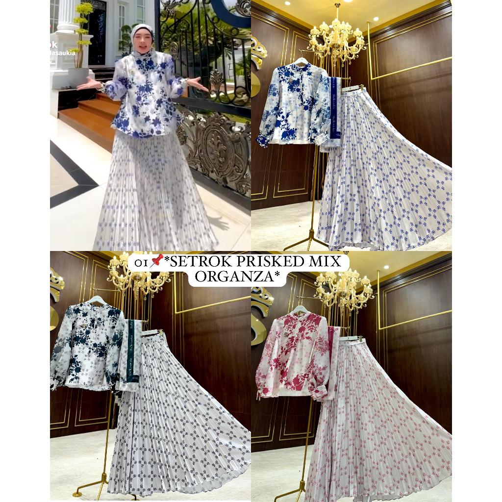 One set rok plisket organza motif Shellasaukia terbaru