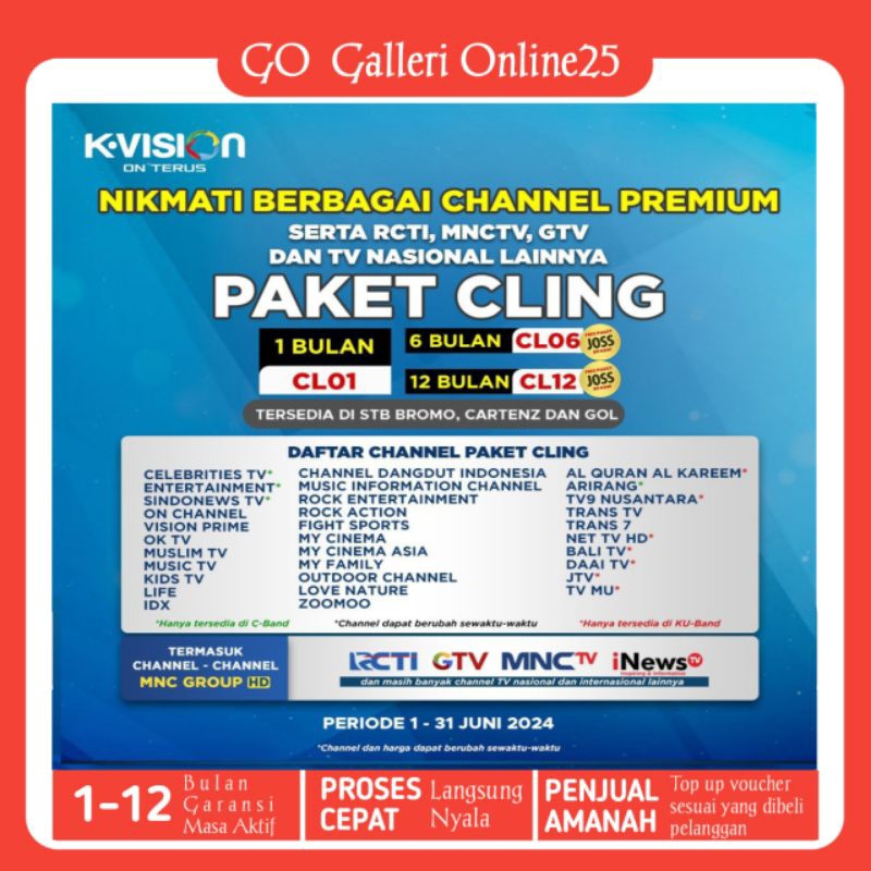 Paket Cling 1,2,3,4 sampai 6Bulan K vision Bromo Cartanz & Gol (Gardiner,Optus,Lgsat) Channel Nasion