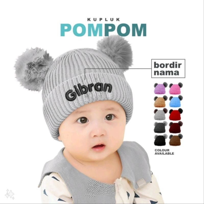 Kupluk Bayi.Topi Bayi.KUPLUK POMPOM/ JAMBUL 2 FREE REQUEST BORDIR NAMA